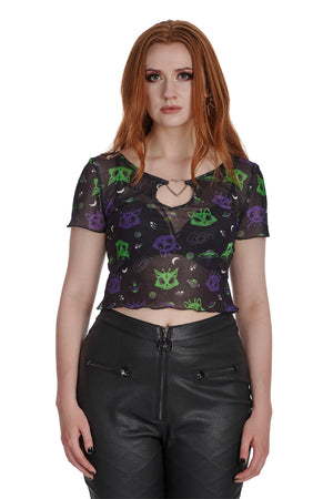 Alien Space Cat Mesh Cut-out Top