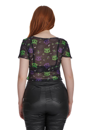 Alien Space Cat Mesh Cut-out Top