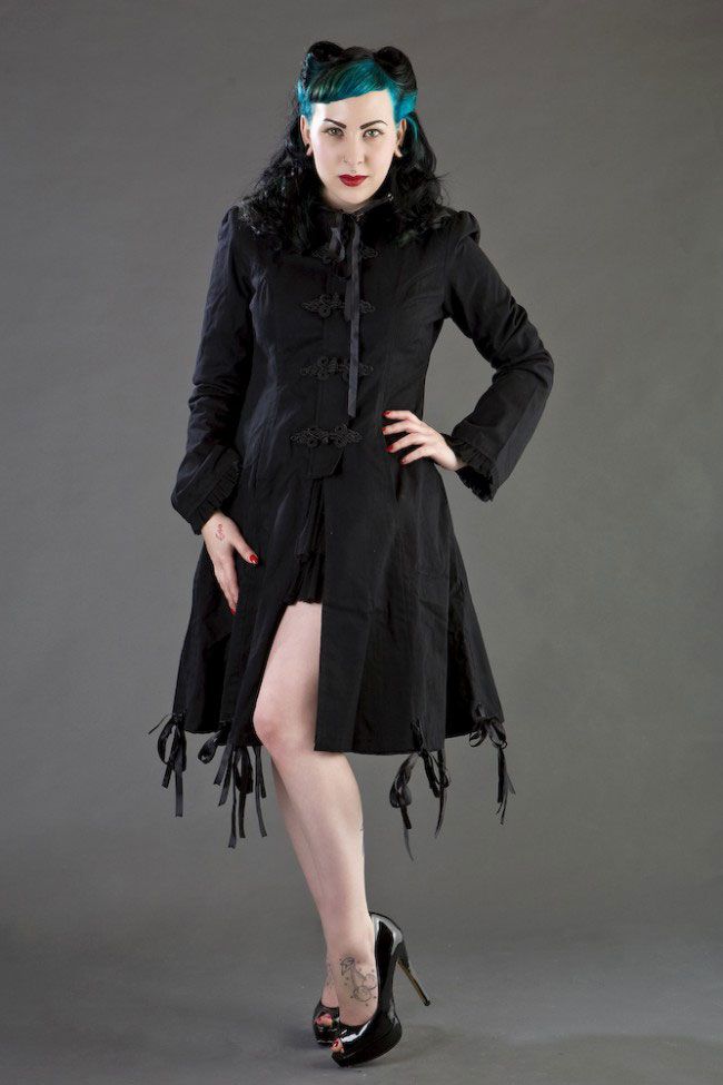 Elizabeth Ladies Gothic Coat With Hood In Black Twill