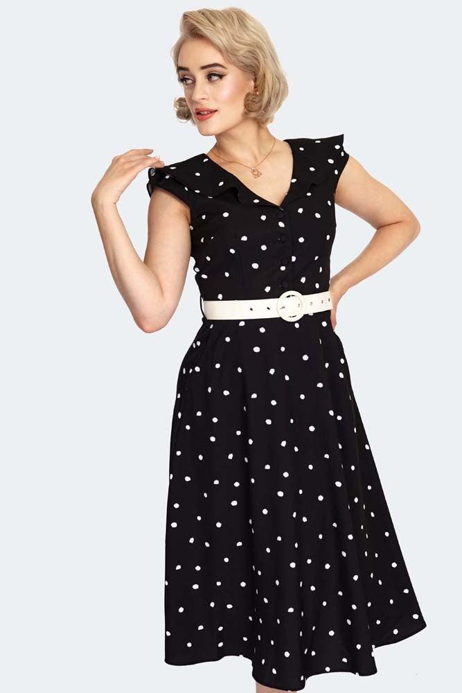 Polka Dot Wide Collar Midi Flare Dress