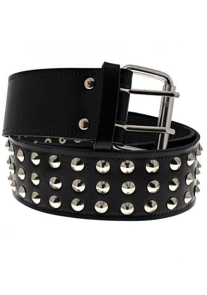 3-Row Conical Studded Black Leather Belt - Kane - Dark Fashion Clothing