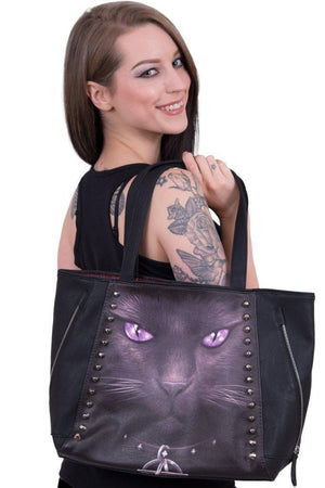 Black Cat - Tote Bag - Pu Leather Studded-Spiral-Dark Fashion Clothing