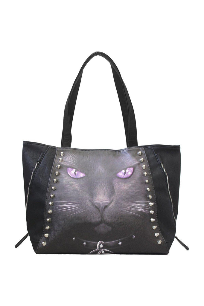 Black Cat - Tote Bag - Pu Leather Studded-Spiral-Dark Fashion Clothing