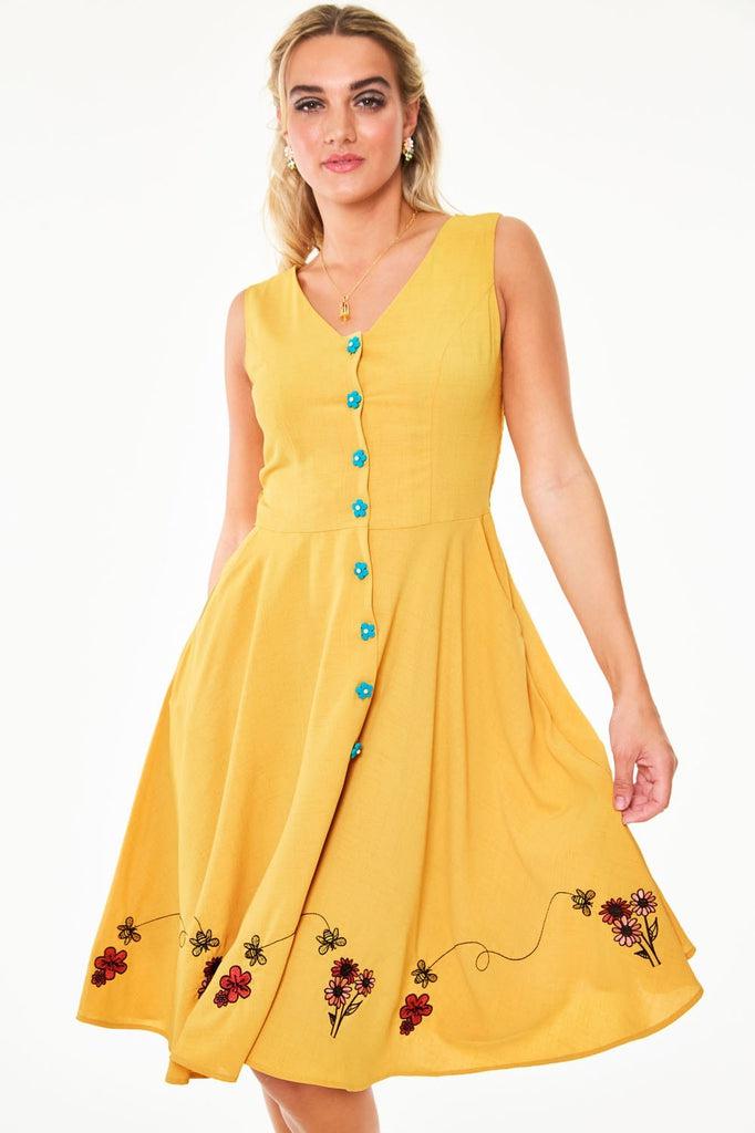 Mallory Honey Bee Embroidered Button-up Sleeve Dress-Voodoo Vixen-Dark Fashion Clothing