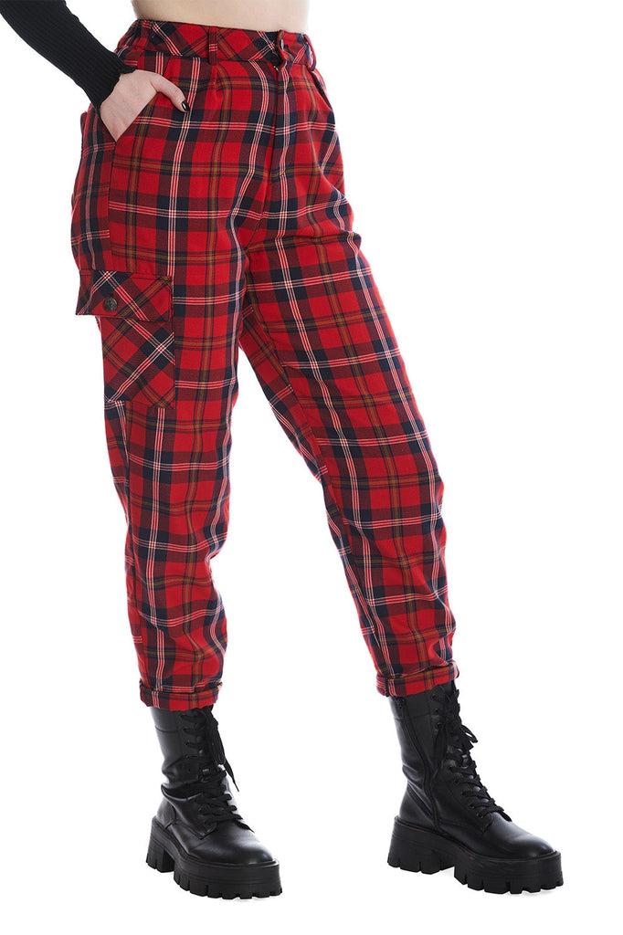 Buy Tartan Checked Punk Rockability Skinny Plaid Trousers Red