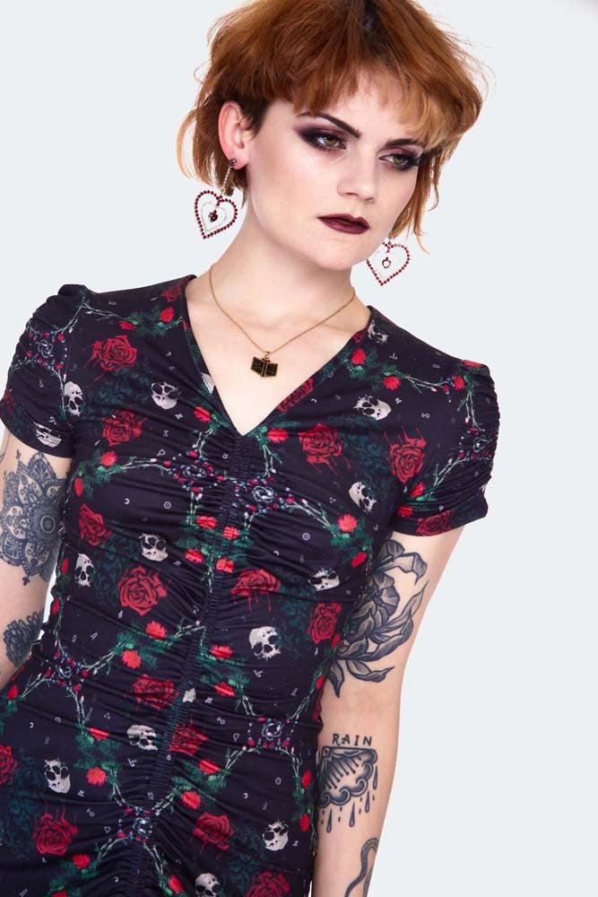 Skull Roses Print Midi Dress by Jawbreaker Dark Fashion Clothing