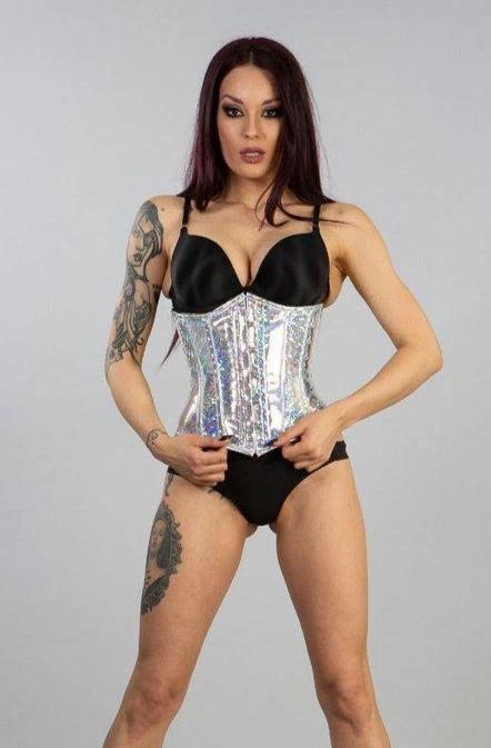 Candy Underbust Steel Boned Corset In Hologram Silver PVC Vinyl-Burleska-Dark Fashion Clothing