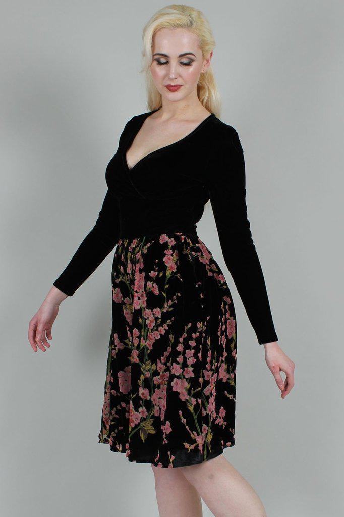 Cheryl Velvet Dress With Chiffon Rose Flocking by Voodoo Vixen Dark Fashion Clothing