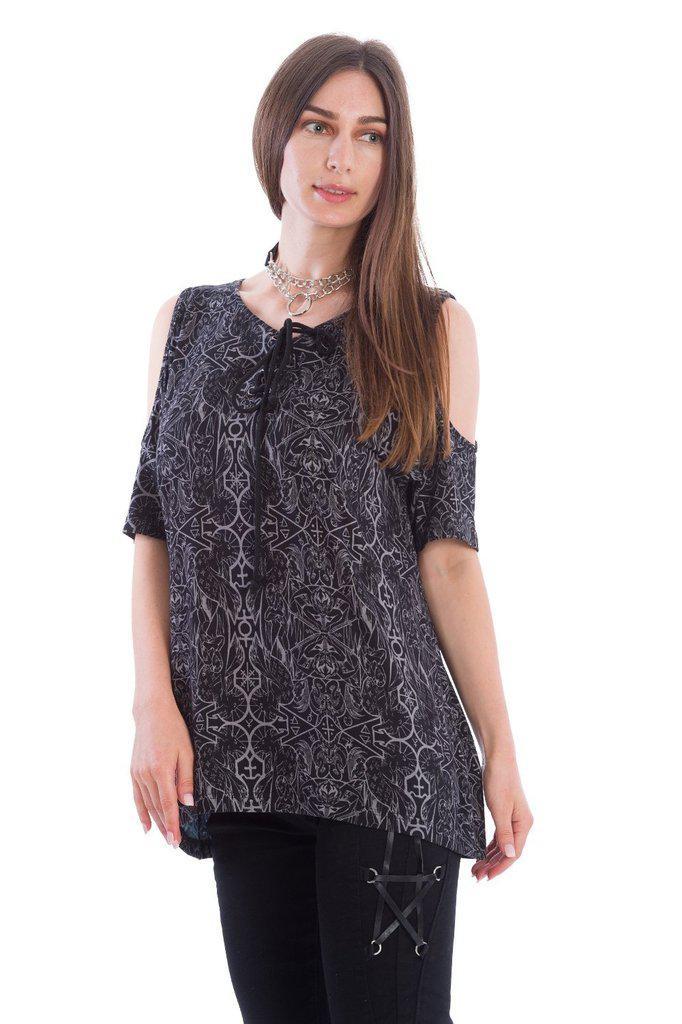 Esoteric Cold Shoulder Top-Banned-Dark Fashion Clothing