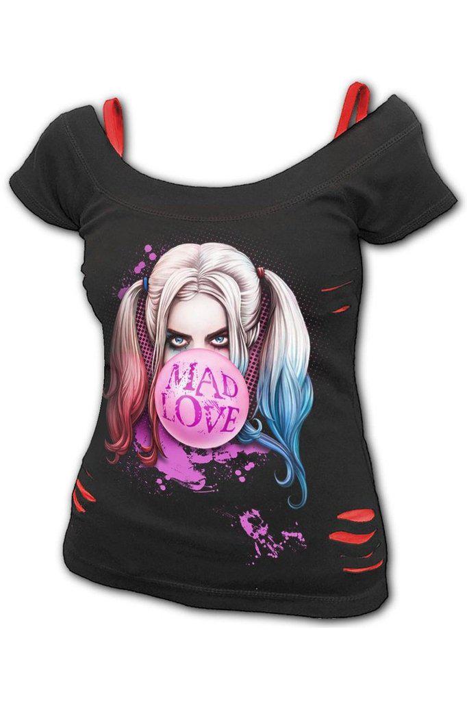 Harley Quinn - Mad Love - 2In1 Red Ripped Top Black-Spiral-Dark Fashion Clothing