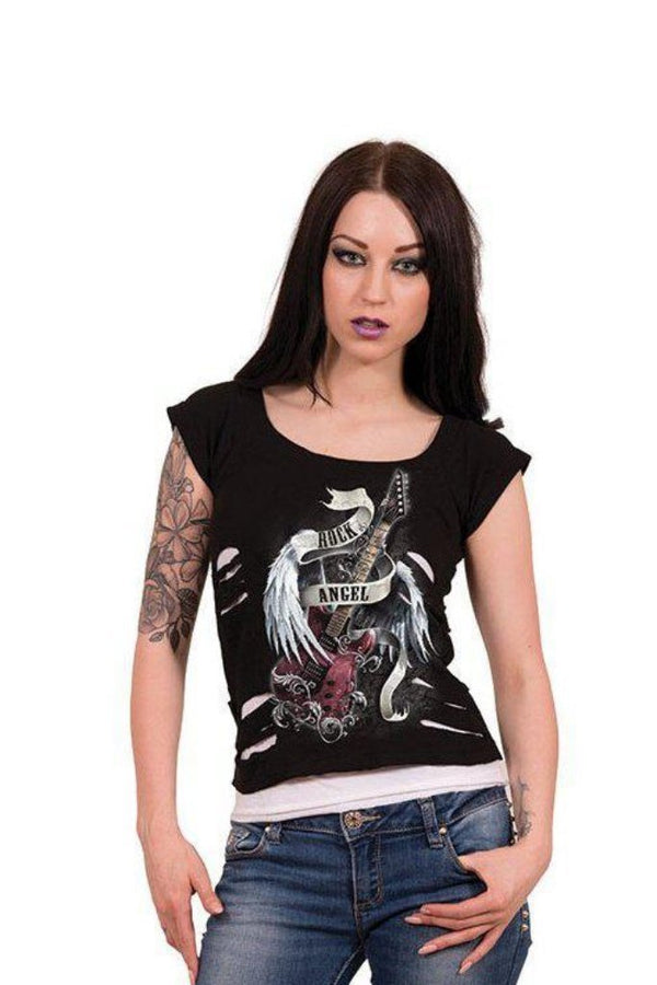 Rock Angel - 2In1 White Ripped Top Black - Dark Fashion Clothing